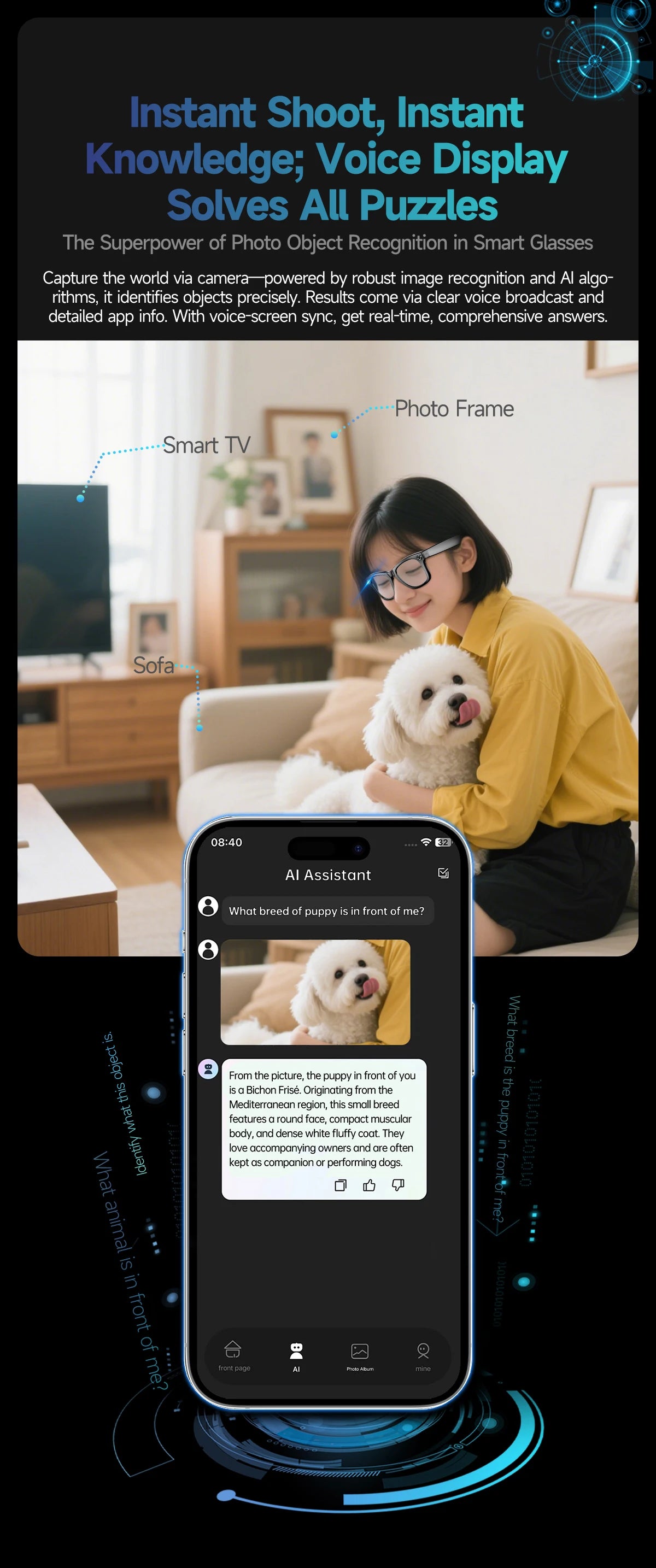 Gafas inteligentes HD grabación de vídeos reconocimiento de fotos AI traducción de respuesta 290mAh batería grande IP67 gafas Bluetooth impermeables