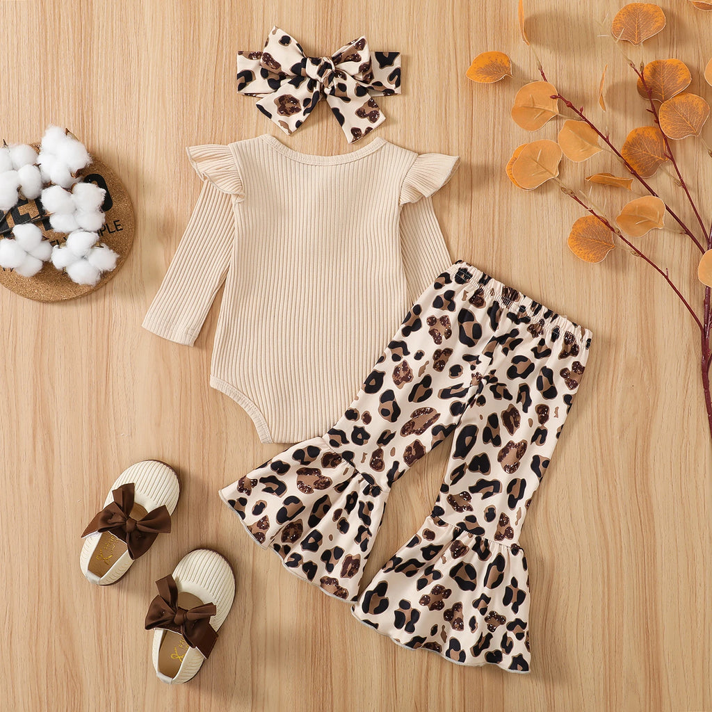 Baby Girl Ribbed Romper & Animal-Print Flare Pants Set