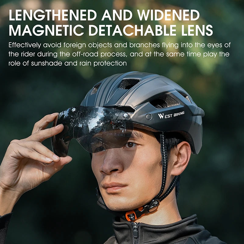 Casco de Ciclismo Ultraligero WEST BIKING con Luz Trasera y Gafas Integradas para Hombre y Mujer, Casco de Seguridad para Ciclismo de Montaña, Carretera y Motocicleta