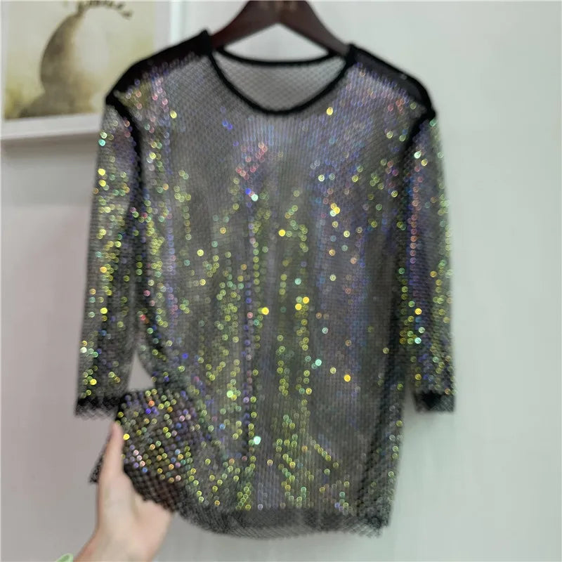 ColorShiny Diamonds-Camiseta básica de sílabas eléctricas para mujer, Top ajustado de cristal con cuello redondo, media manga, Sexy, para fiesta y Club