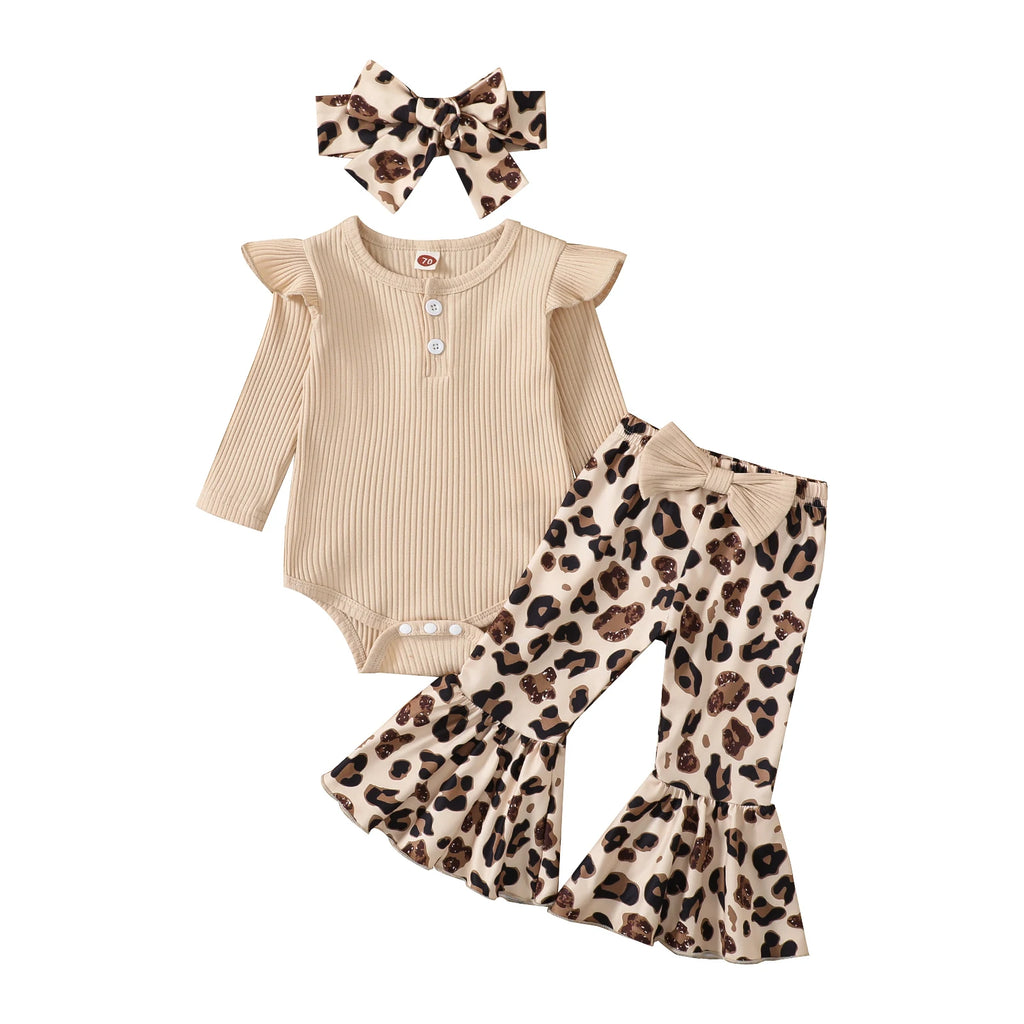 Baby Girl Ribbed Romper & Animal-Print Flare Pants Set