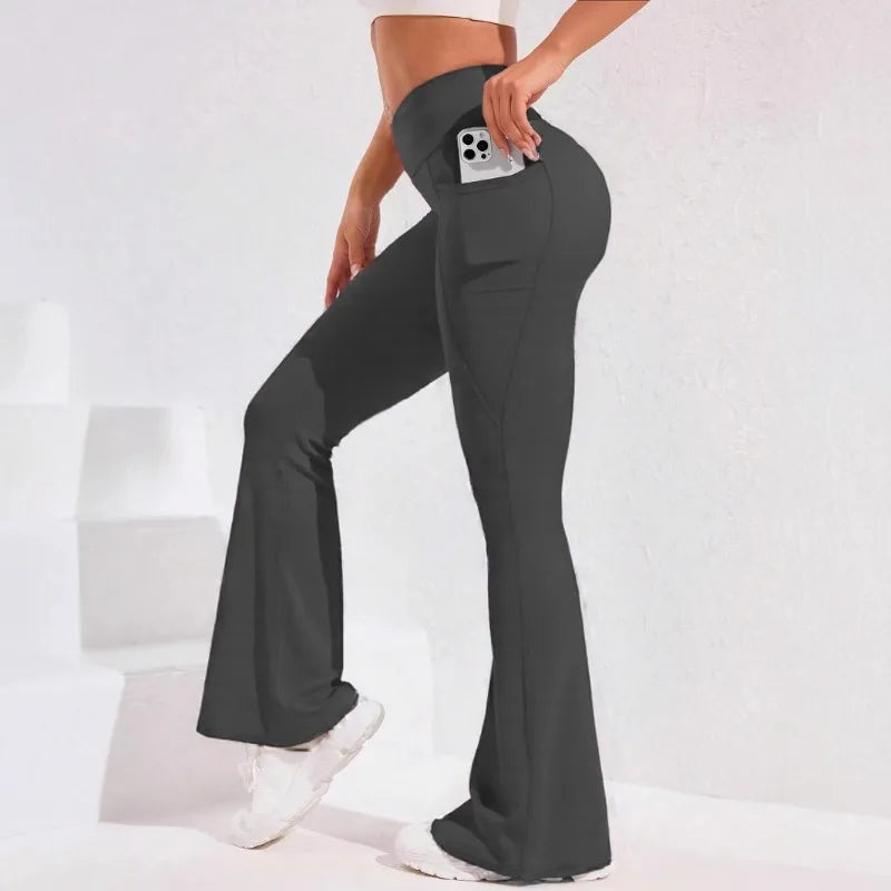 High Waist Flare Leg Yoga Pants Women with Pocket Push Up Butt  Running Tights Wide Leg Pants Gym Outdoor Cycling Leggings