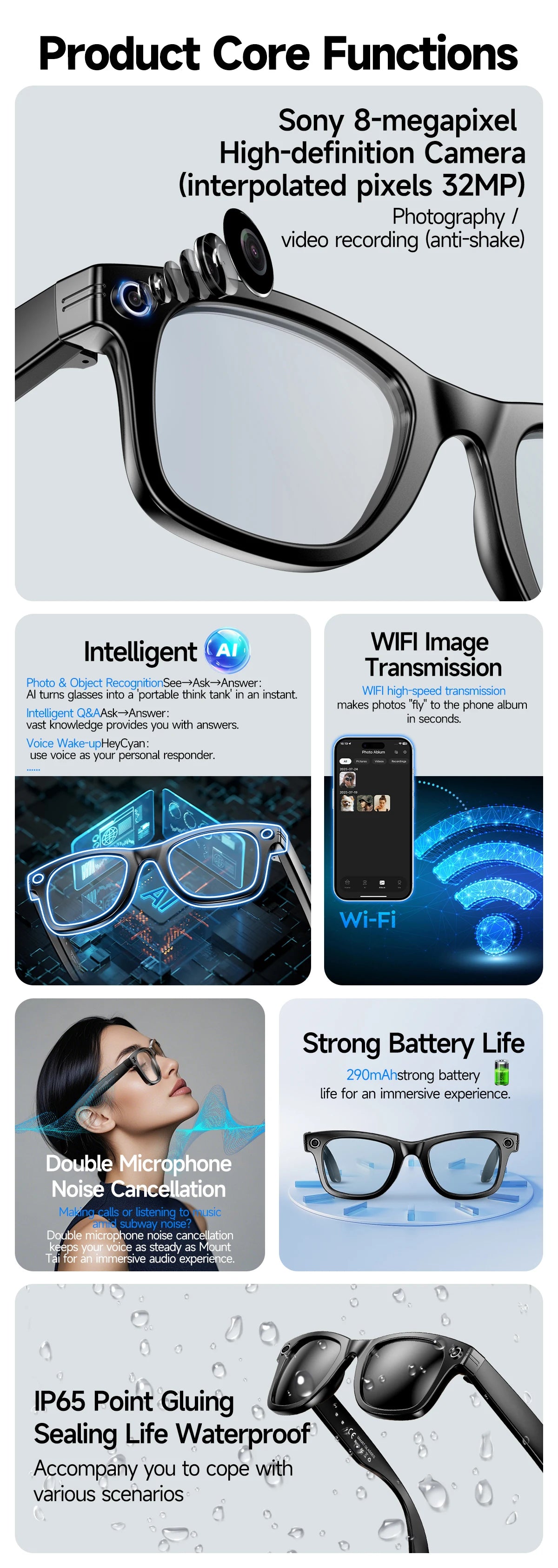 Gafas inteligentes HD grabación de vídeos reconocimiento de fotos AI traducción de respuesta 290mAh batería grande IP67 gafas Bluetooth impermeables