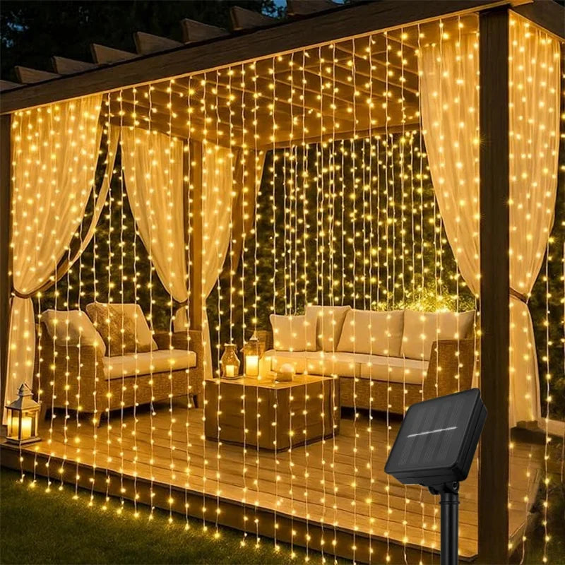 Cortina de luz Solar para exteriores, 3x3M, 300Leds, guirnalda de decoraciones navideñas, 8 modos, decoración para fiesta de Navidad y Halloween, cadena de luces