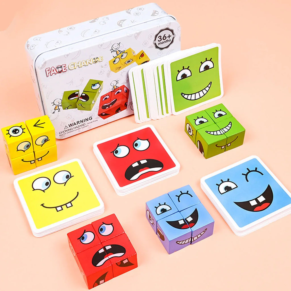 Cube Face Change Building Blocks Board Game Wood Puzzle Expression Wooden Blocks Toys for Gift