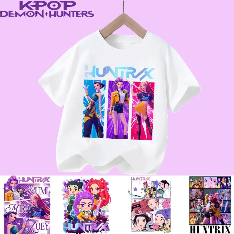 Children's KPOP Demon Hunters movie crewneck cartoon girls' and boys' T-shirt, casual print baby fashion clothing for summer