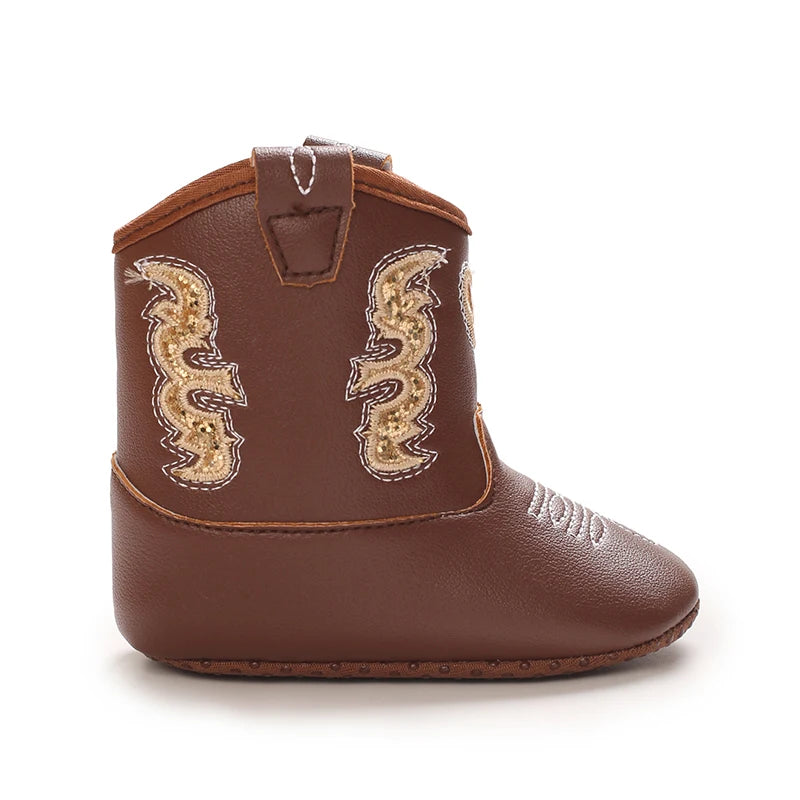Baby Cowboy Boots Embroidery Soft Sole Baby Shoes Non‑Slip First Walkers Infant Toddler Booties Newborn Prewalker Shoes 0-18M