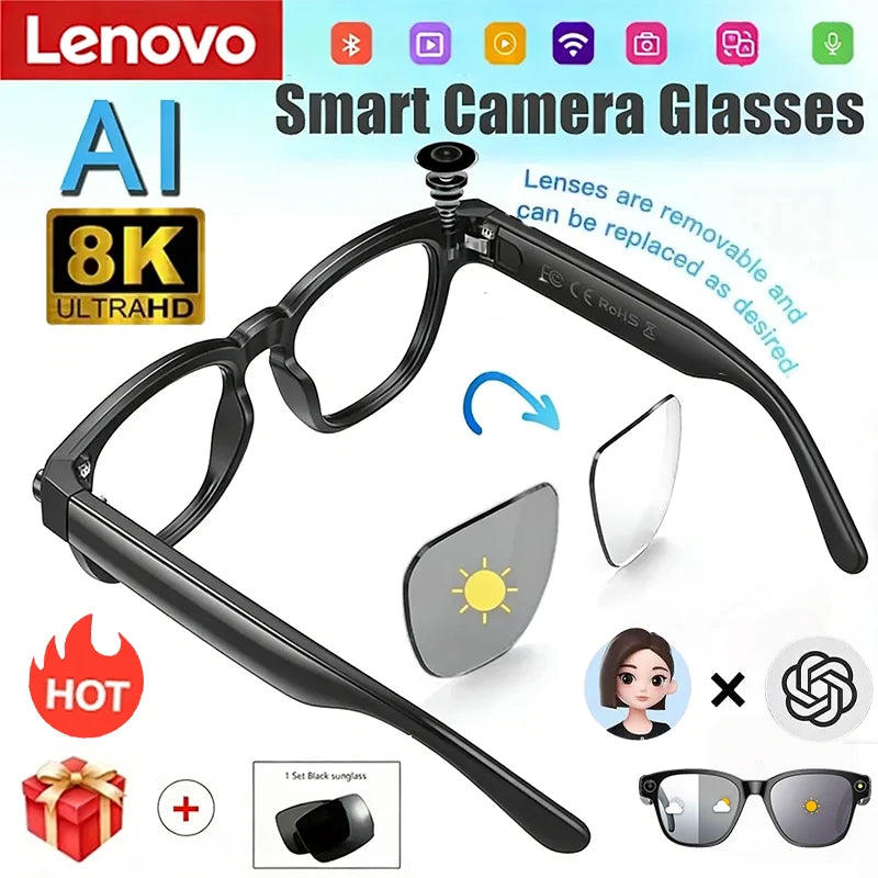 Lenovo Bluetooth 8K Smart AI Touch Glasses Camera With 800w Sport ChatGpt4.0 Sunglasses Calling Music Player For Men Women Gifts