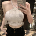 Camisola Sexy con cuello Halter y borlas para mujer, camiseta sin mangas ajustada de Color sólido