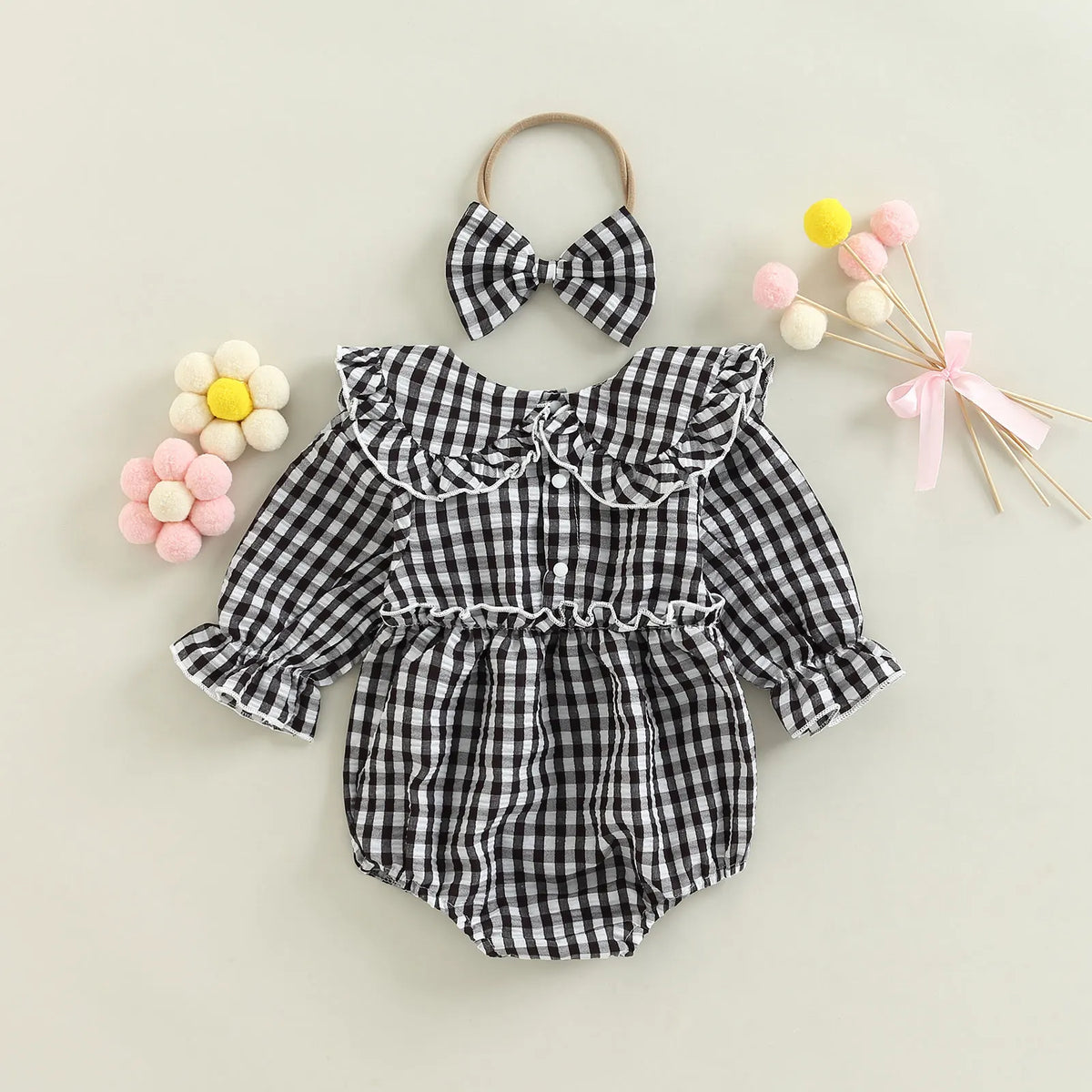 Baby Girl Plaid-Collar Long-Sleeve Romper & Headband