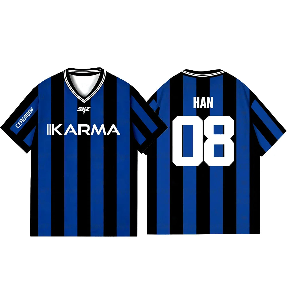 2025 KPOP Stay KARMA álbum Fans camisetas de apoyo FELIX BANGCHAN HYUNJIN ropa de calle ropa suelta camiseta camisetas de manga corta