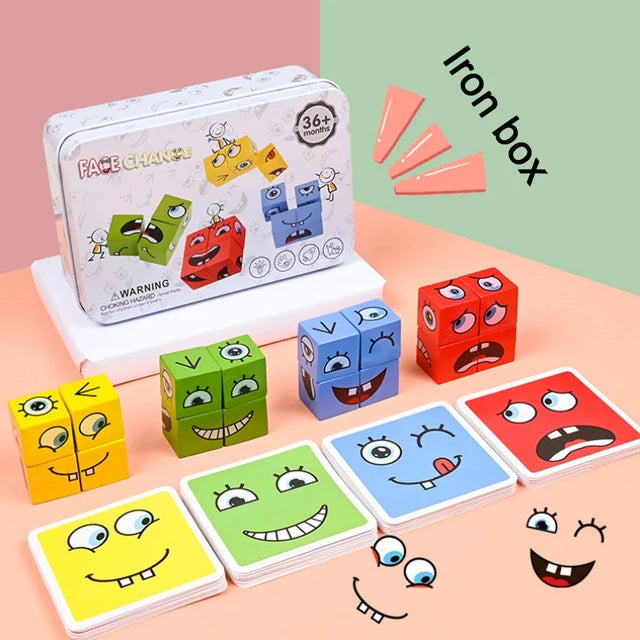 Cube Face Change Building Blocks Board Game Wood Puzzle Expression Wooden Blocks Toys for Gift