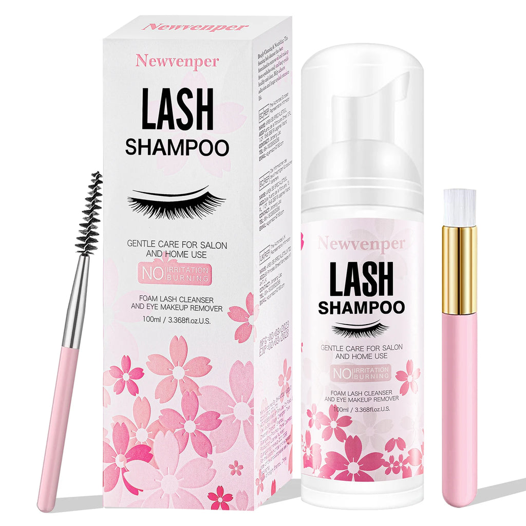 Champú de pestañas para pestañas 100ML + cepillo y varita de rímel limpieza espumosa de párpados, removedor de limpiador de extensiones, removedor de maquillaje