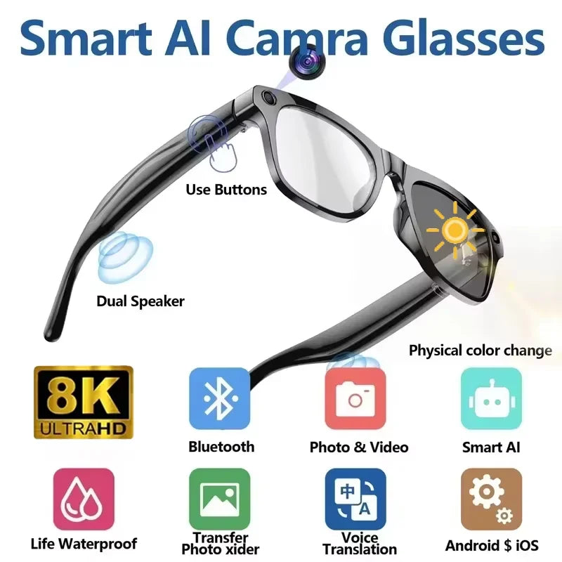 Gafas inteligentes con cámara táctil Lenovo Bluetooth 8K con IA, 800w, deportivas, ChatGpt4.0, para llamadas, reproductor de música, para hombres y mujeres, regalos.