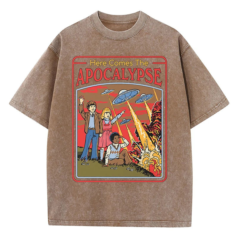 Aquí viene el Apocalipsis Ufo, ropa Retro lavada para hombre, ropa de calle de gran tamaño de calidad, Tops de algodón a la moda, camiseta holgada informal