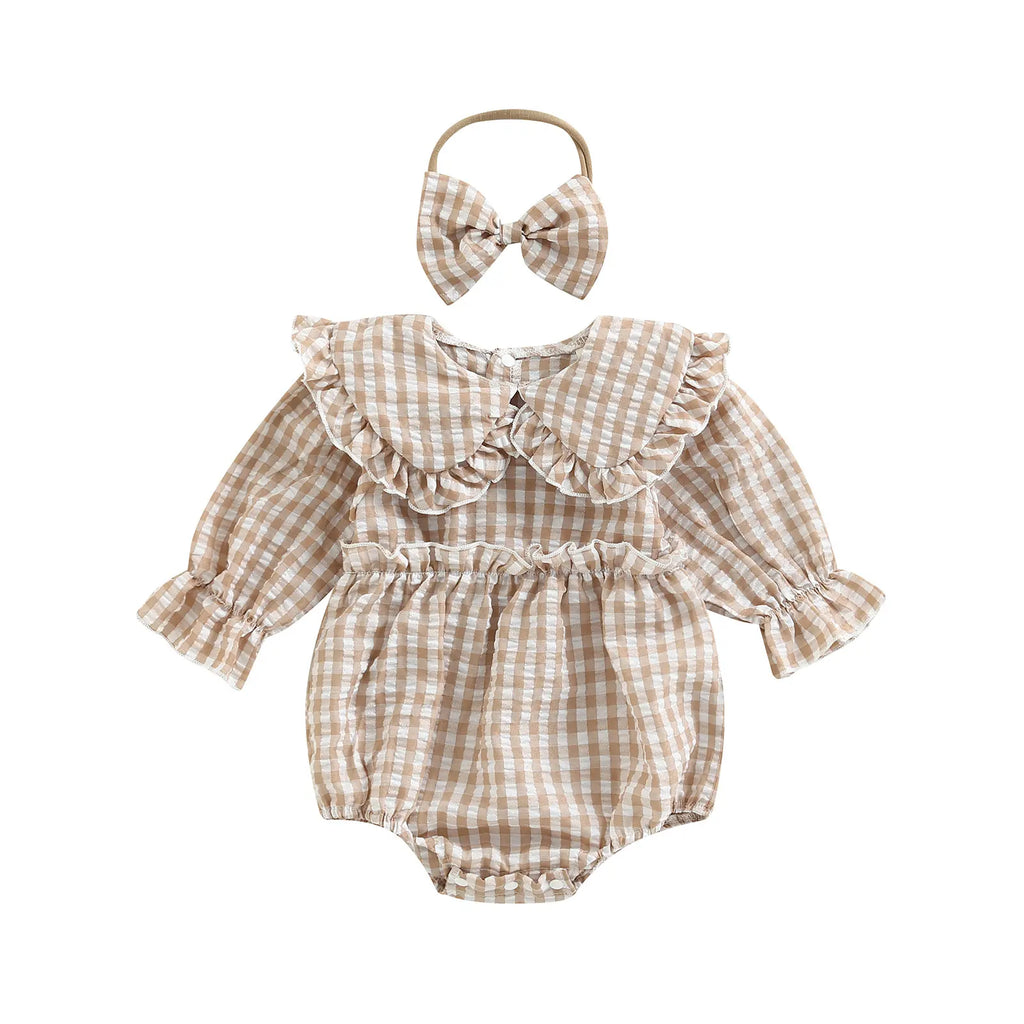 Baby Girl Plaid-Collar Long-Sleeve Romper & Headband