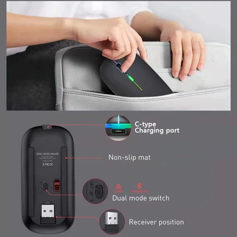 Ratón inalámbrico Bluetooth 2,4G modos duales ratones recargables RGB ergonómico silencioso clic ratón para PC ordenador iPad portátiles 3600DPI