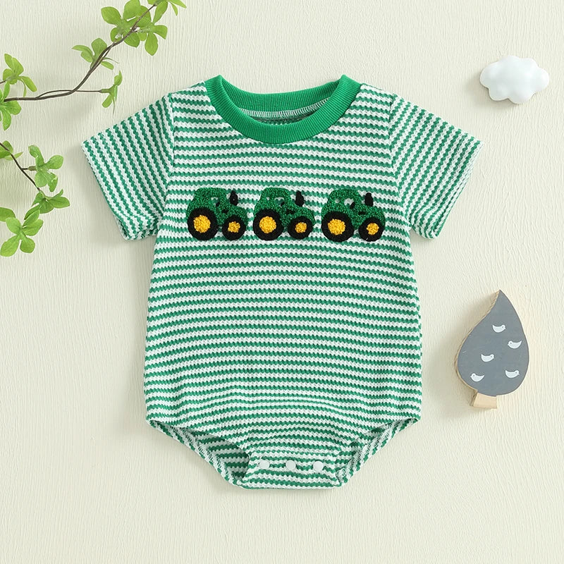 Baby Truck Embroidered Striped Short-Sleeve Romper