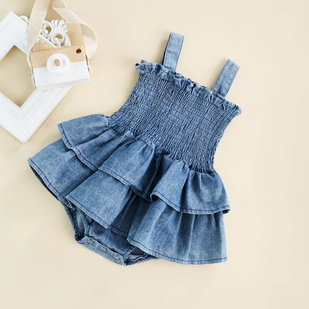Baby Girl Sleeveless Pleated Ruffle-Hem Romper