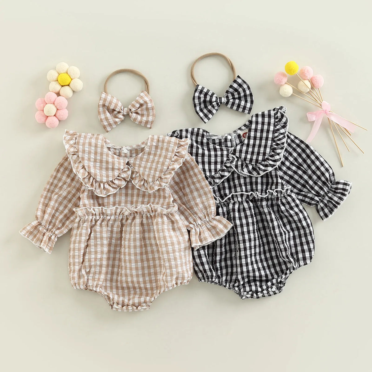Baby Girl Plaid-Collar Long-Sleeve Romper & Headband