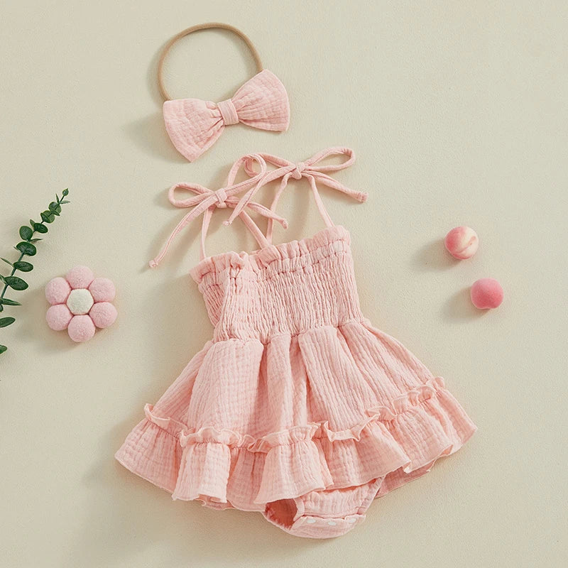 Baby Girl Sleeveless Tie-Strap Romper & Headband
