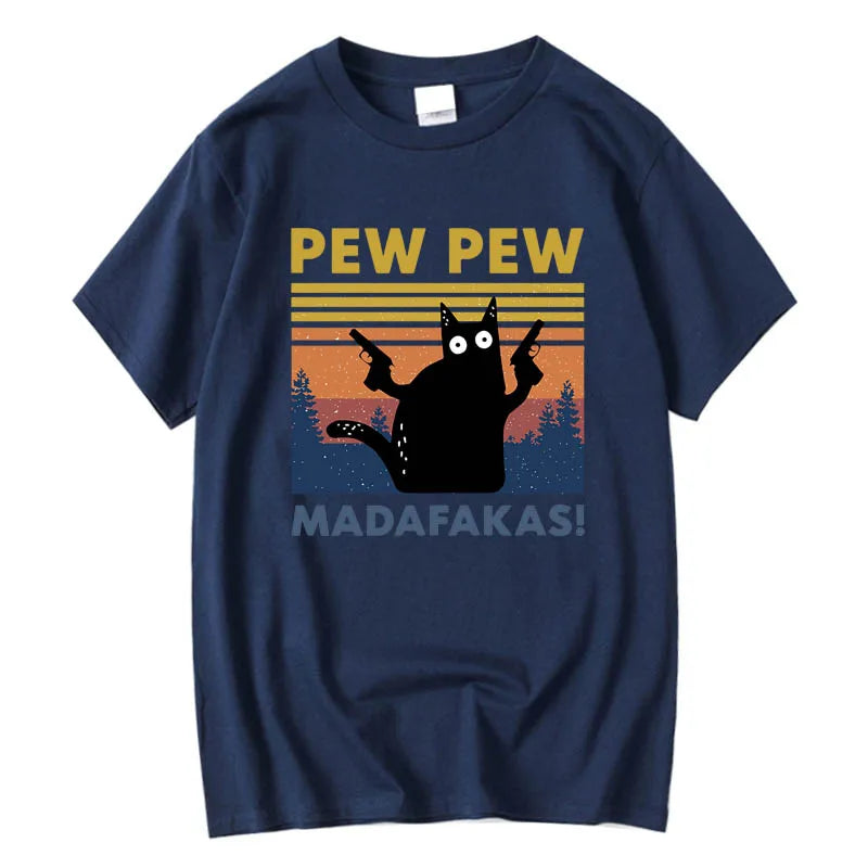 Camiseta Pew Pew Madafakas para hombre, camiseta de manga corta con diseño de gato divertido, camisetas holgadas de algodón, camiseta con cuello redondo, ropa de calle
