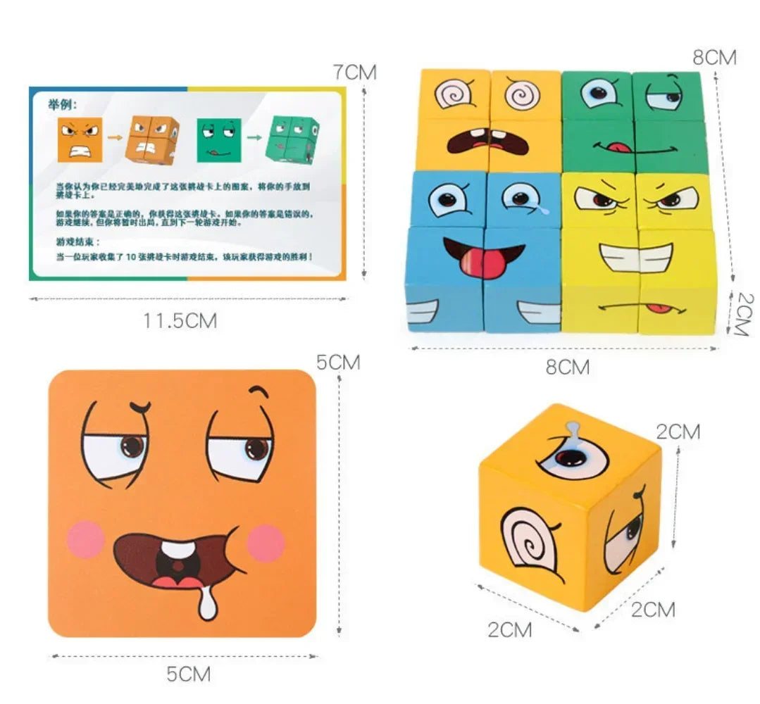 Cube Face Changing Wood Puzzle Building Blocks Board Game Montessori Expression Wooden Blocks Blocos For Children Kids Toys Gift