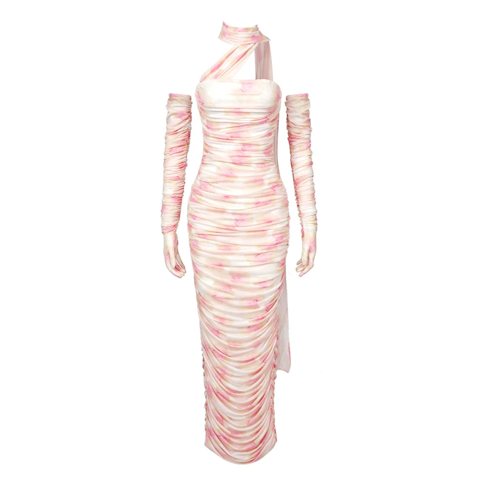 VC Vestido elegante para mujer, cinta drapeada con mangas largas, guantes, Vestido de fiesta, Vestido veraniego de malla para vacaciones