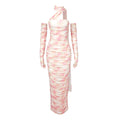 VC Vestido elegante para mujer, cinta drapeada con mangas largas, guantes, Vestido de fiesta, Vestido veraniego de malla para vacaciones