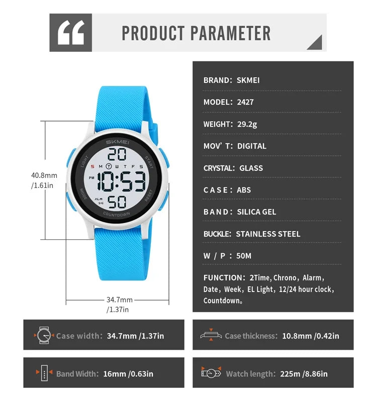 SKMEI 2427 relojes de pulsera digitales coloridos para niños, reloj electrónico deportivo resistente al agua para niños y niñas, reloj infantil a prueba de golpes