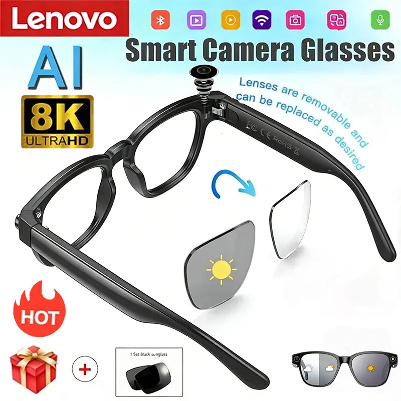 Lenovo Bluetooth 8K Smart AI Touch Glasses Camera With 800w Sport ChatGpt4.0 Sunglasses Calling Music Player For Men Women Gifts
