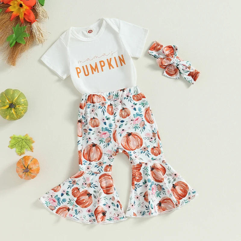 Baby Girl Halloween Pumpkin Romper, Flare Pants & Headband