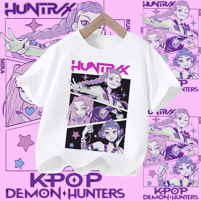 Children's KPOP Demon Hunters movie crewneck cartoon girls' and boys' T-shirt, casual print baby fashion clothing for summer