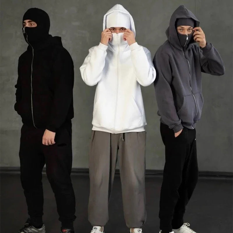 Sudaderas con capucha y cremallera de doble capucha personalizadas para hombre, sudaderas con estampado de personalidad de manga larga con cremallera, jerséis con máscara Ninja para mujer, chaqueta