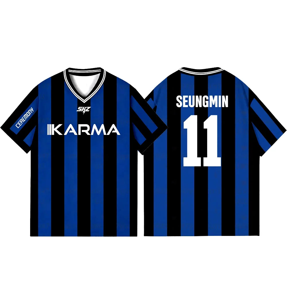 2025 KPOP Stay KARMA álbum Fans camisetas de apoyo FELIX BANGCHAN HYUNJIN ropa de calle ropa suelta camiseta camisetas de manga corta