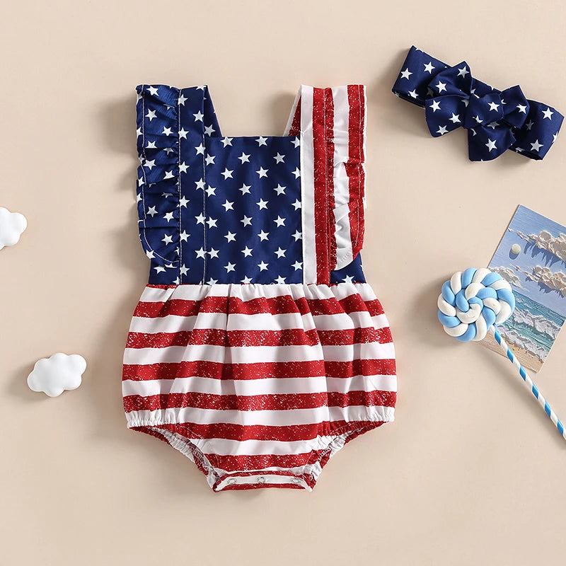 Baby Girl 4th of July Ruffle Romper & Headband Set