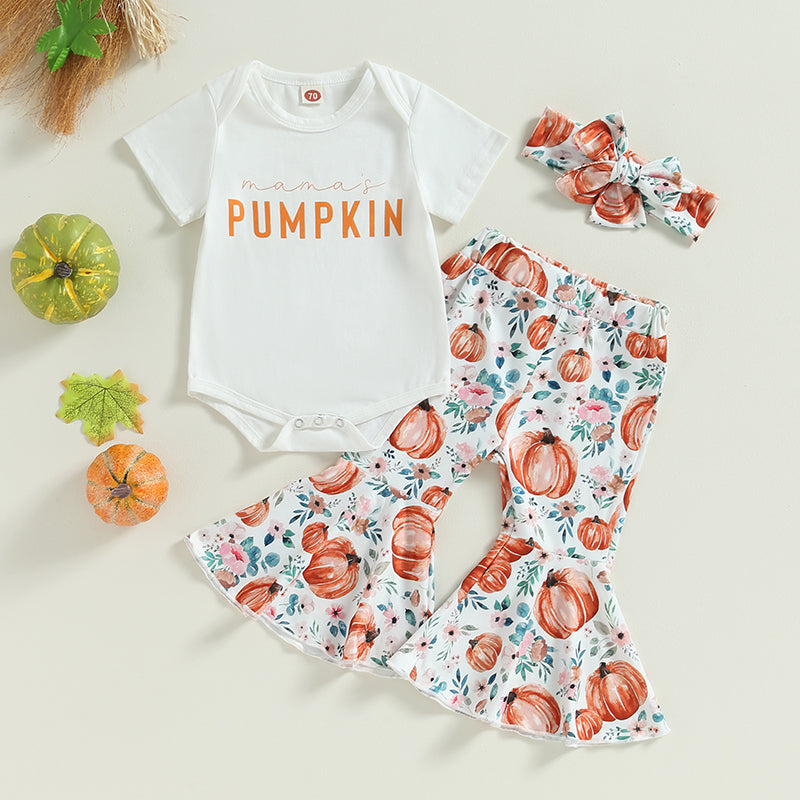 Baby Girl Halloween Pumpkin Romper, Flare Pants & Headband