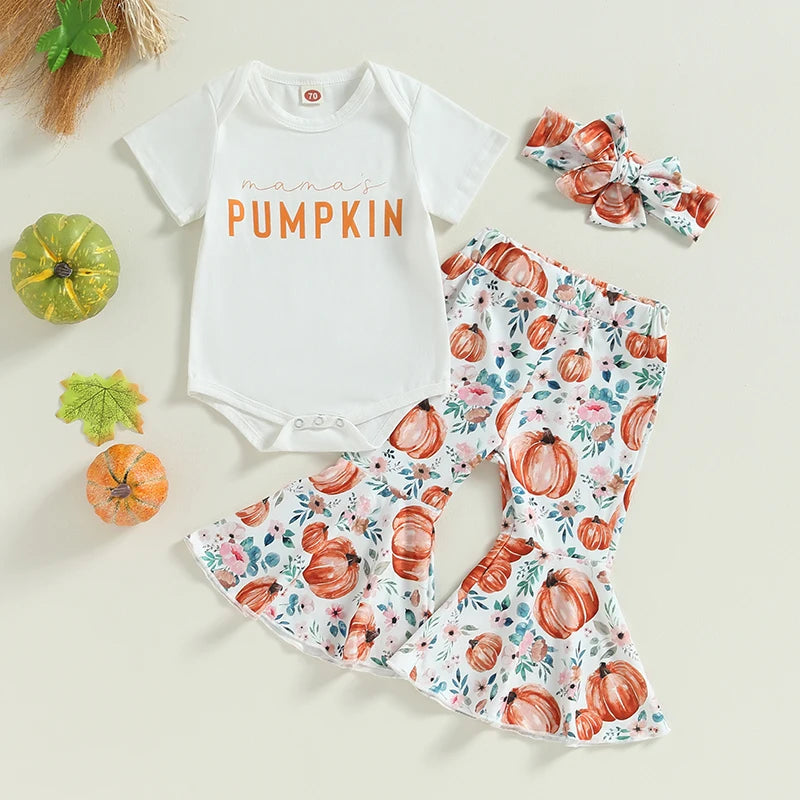 Baby Girl Halloween Pumpkin Romper, Flare Pants & Headband