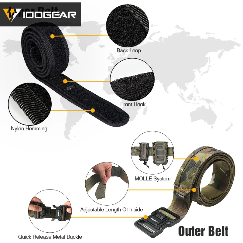 IDOGEAR-Cinturón táctico MOLLE de 2 ", cinturón MOLLE de liberación rápida con interior exterior ajustable para hombres, deportes al aire libre Airsoft 3444