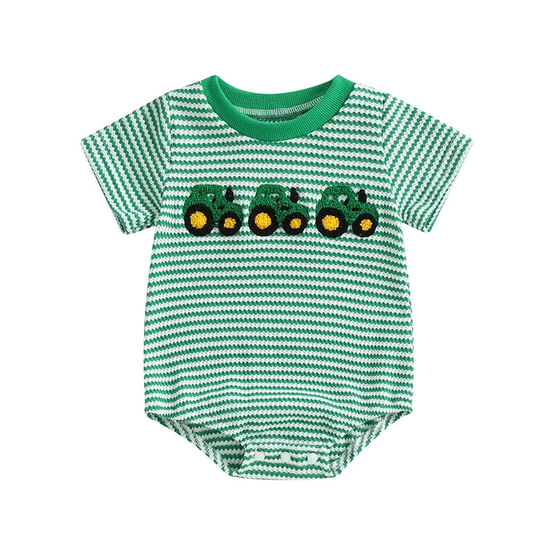 Baby Truck Embroidered Striped Short-Sleeve Romper