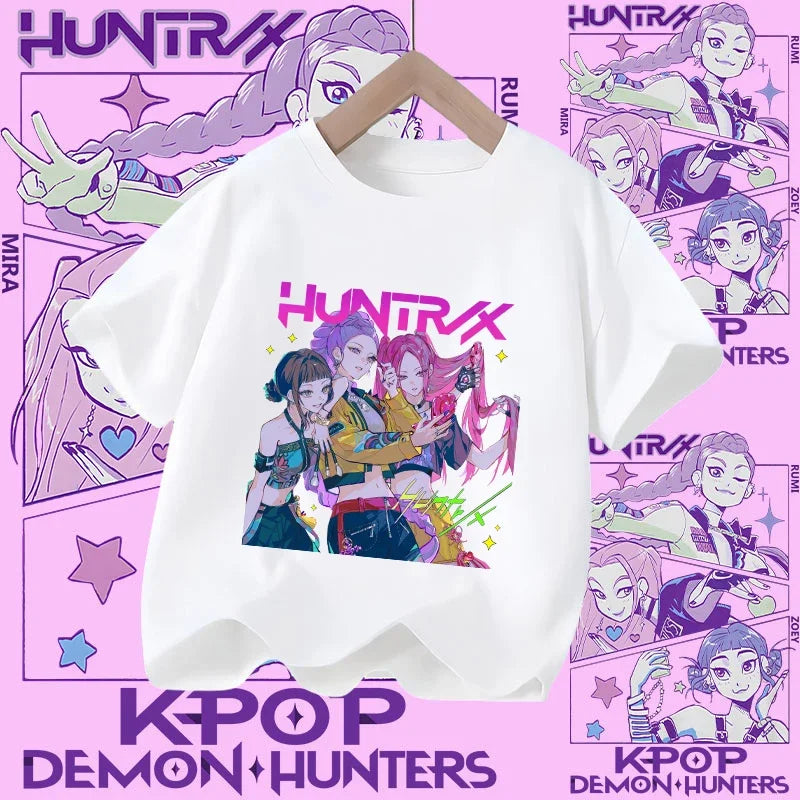 Children's KPOP Demon Hunters movie crewneck cartoon girls' and boys' T-shirt, casual print baby fashion clothing for summer