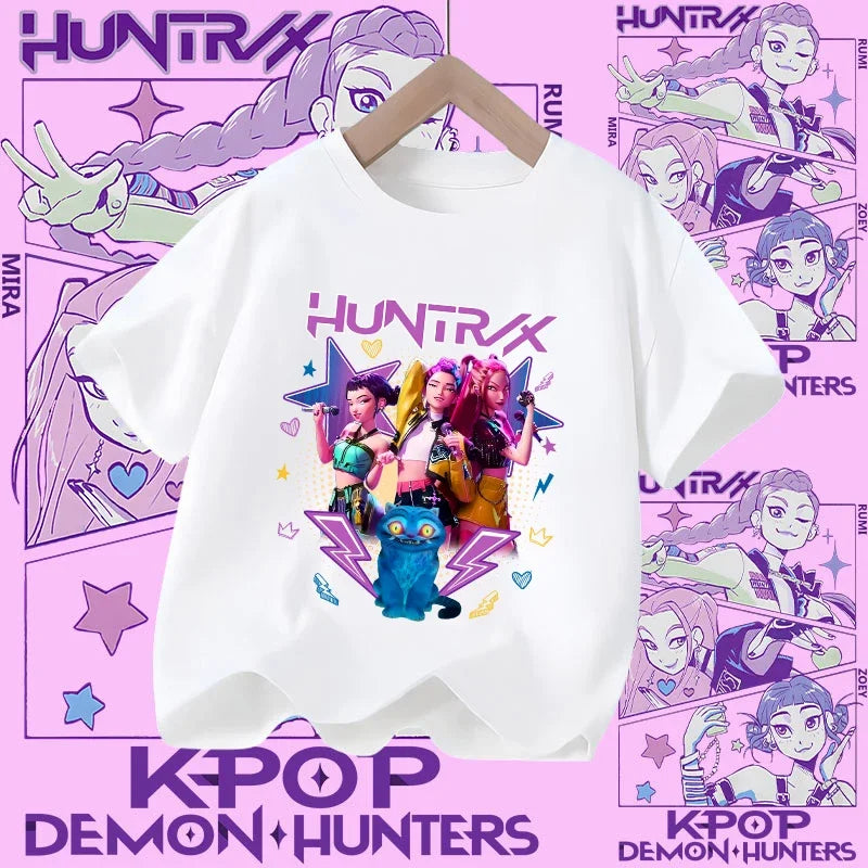 Children's KPOP Demon Hunters movie crewneck cartoon girls' and boys' T-shirt, casual print baby fashion clothing for summer