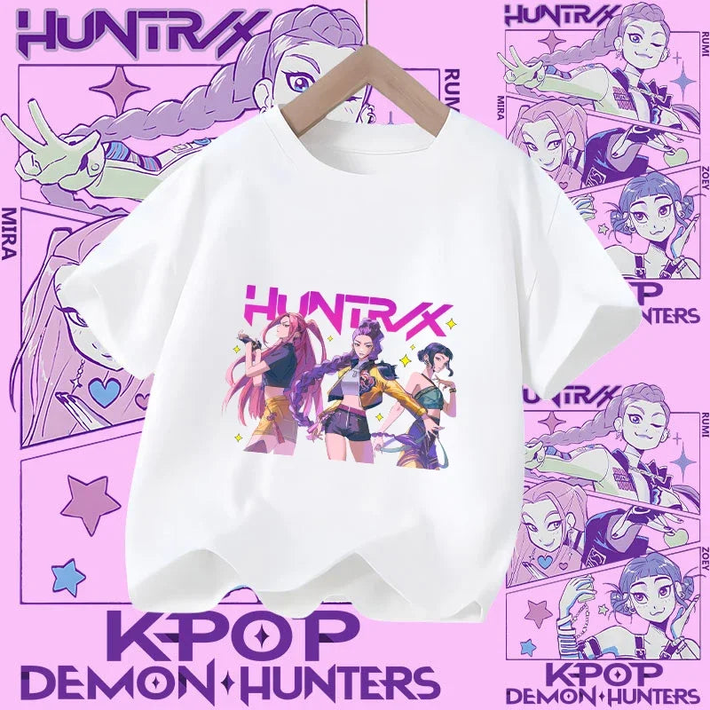 Children's KPOP Demon Hunters movie crewneck cartoon girls' and boys' T-shirt, casual print baby fashion clothing for summer