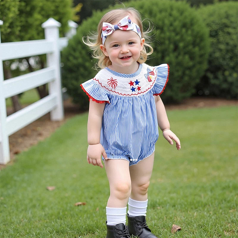 Baby Girl 4th of July Striped Star Romper with Bow