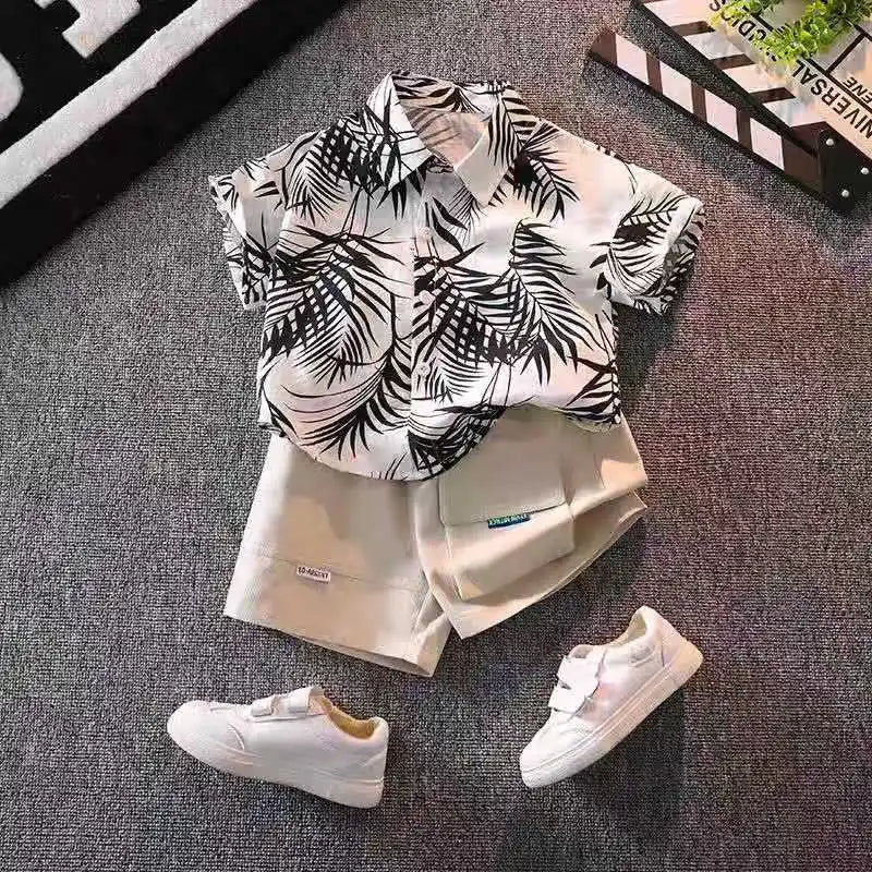 Camisa de manga corta para niños, camisa de flores para playa y playa de verano, conjunto de pantalones cortos para niños