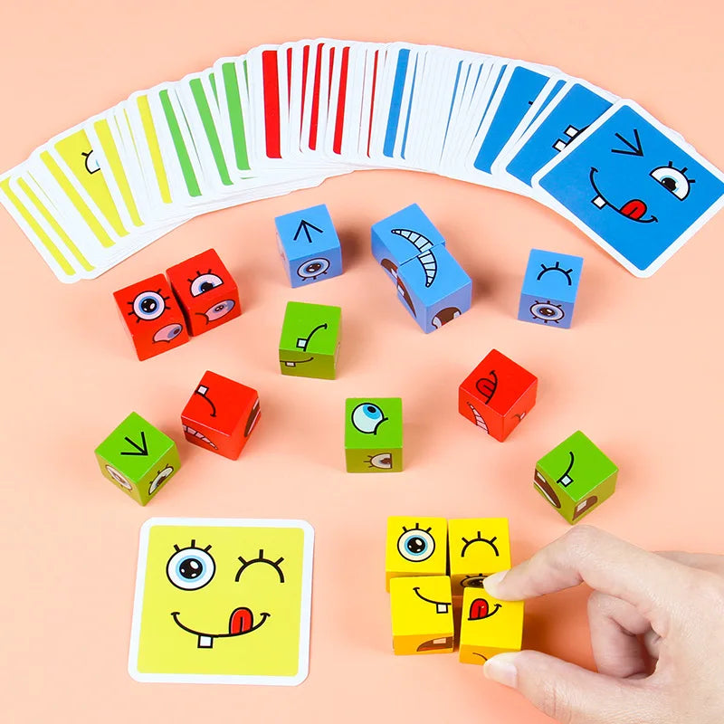 Cube Face Change Building Blocks Board Game Wood Puzzle Expression Wooden Blocks Toys for Gift
