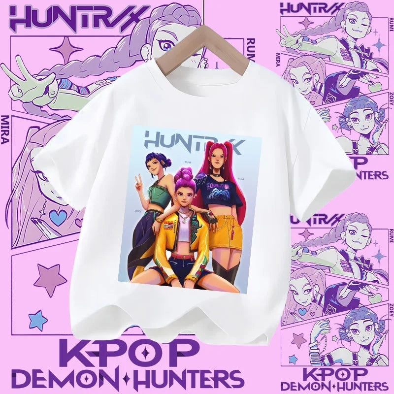 Children's KPOP Demon Hunters movie crewneck cartoon girls' and boys' T-shirt, casual print baby fashion clothing for summer