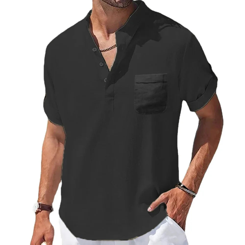 Novedad de verano, camisas de algodón y lino para hombre, camiseta de manga corta con cuello Henry, camisetas informales para hombre, camisa, ropa para hombre