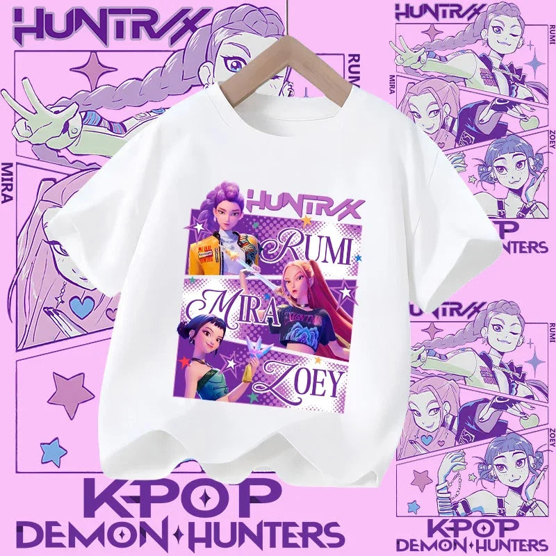 Children's KPOP Demon Hunters movie crewneck cartoon girls' and boys' T-shirt, casual print baby fashion clothing for summer