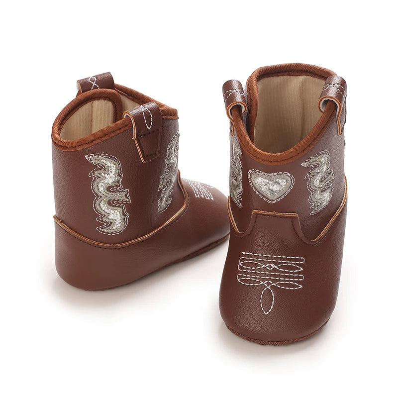 Baby Cowboy Boots Embroidery Soft Sole Baby Shoes Non‑Slip First Walkers Infant Toddler Booties Newborn Prewalker Shoes 0-18M